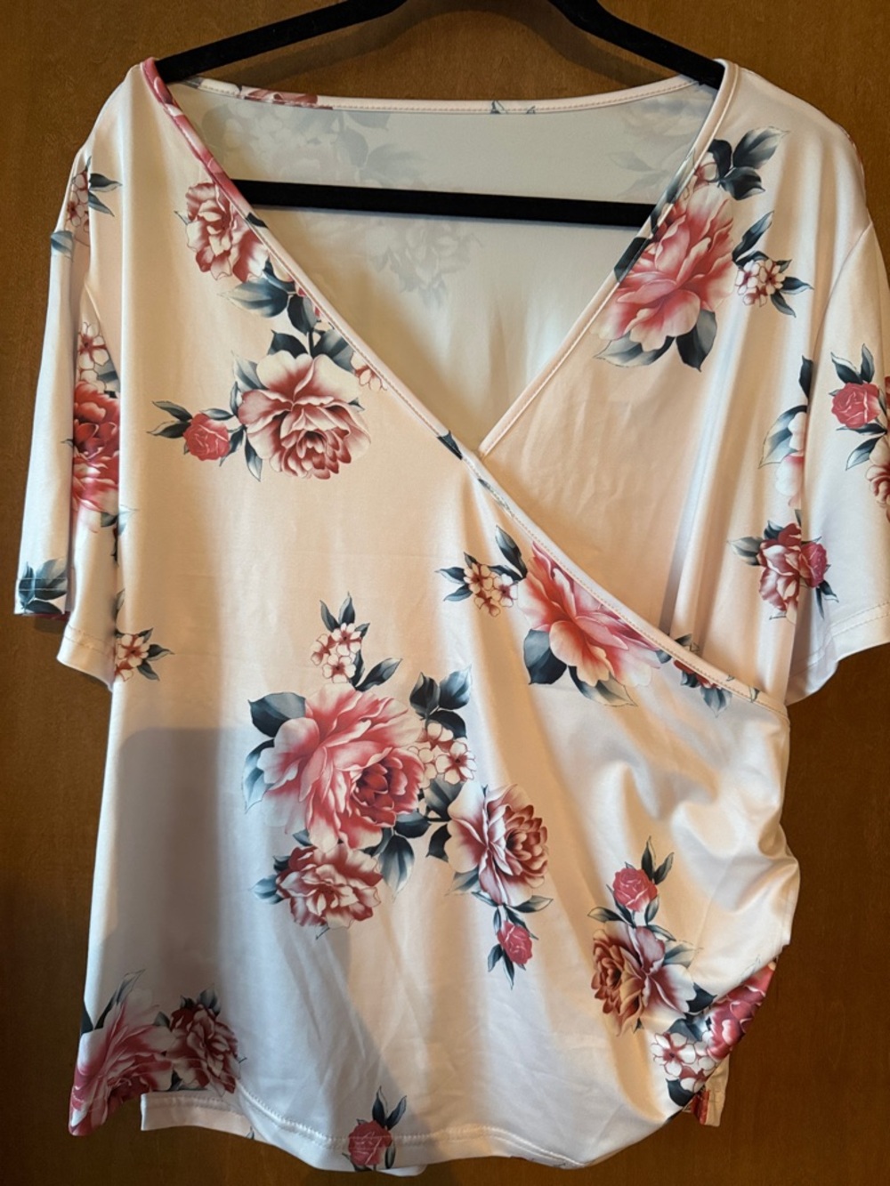 NWOT Women’s Floral Wrap-Style White Top with Pink Rose Print